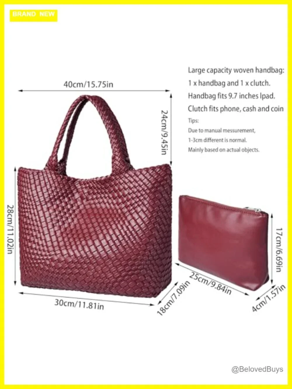 Woven Vegan Leather Tote Shoulder Bag Hand-Woven Shopper Large Capacity